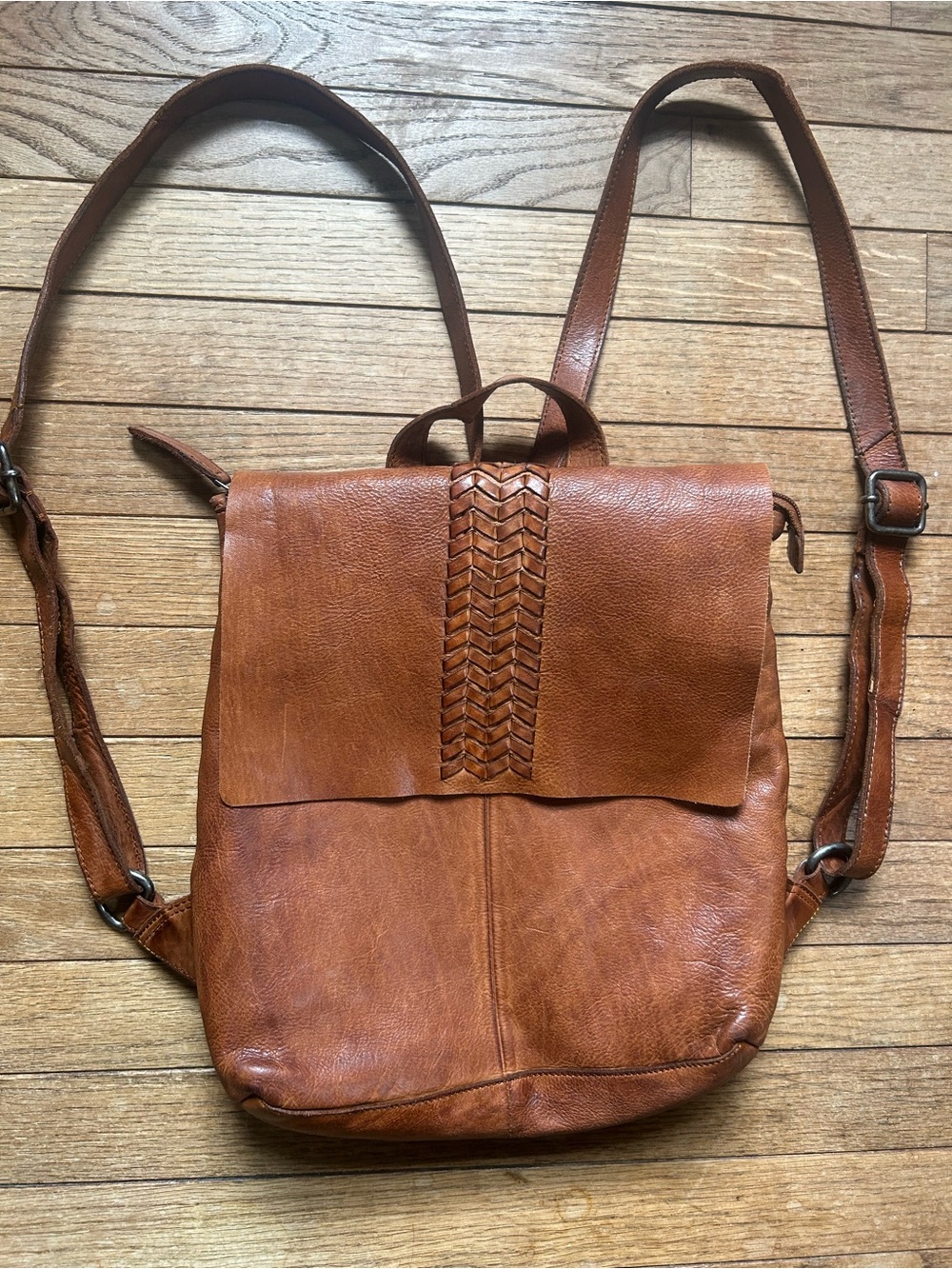 Handwoven Detail Tan Leather Backpack with laptop sleeve